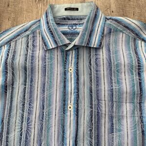 Bugatchi Shirt Mens Large Classic Fit Blue Striped Spread Collar 100% Cotton